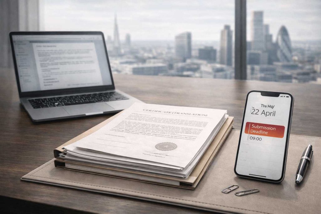 24 hour translation planning desk setup for a next day submission in London