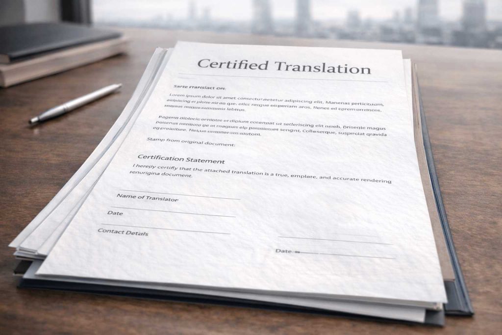 Certified translation prepared with official wording, translator details, and submission ready formatting