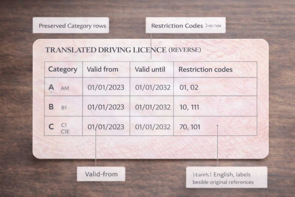 Close up of a translated driving licence category table with codes and date columns preserved