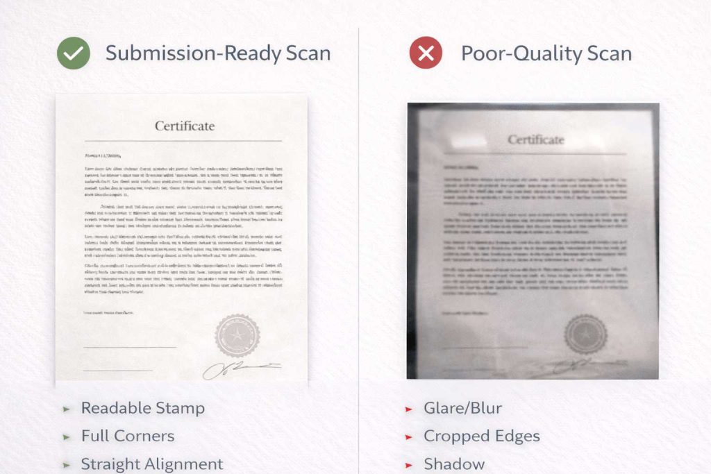 Comparison between a clear document scan and a poor scan that can delay urgent translation