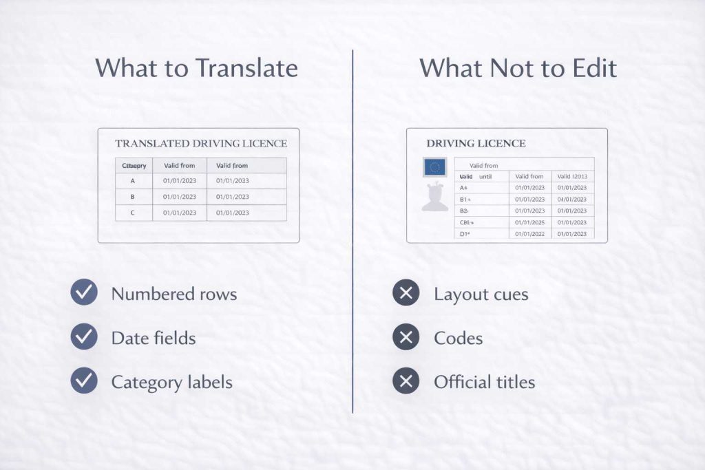 Comparison graphic showing which driving licence elements should be translated and which must remain unchanged