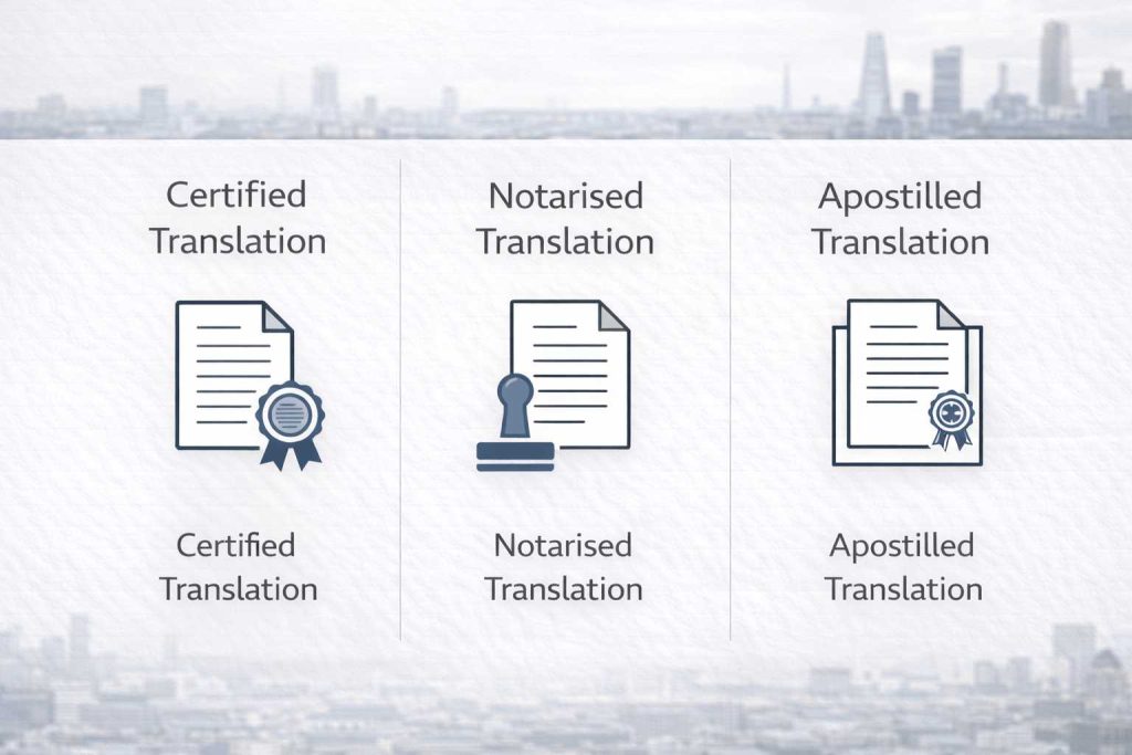 Comparison of certified, notarised, and apostilled translation types