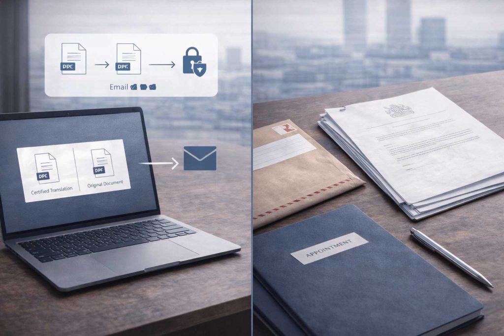 Comparison of digital certified translation PDF delivery and printed hard copy document submission
