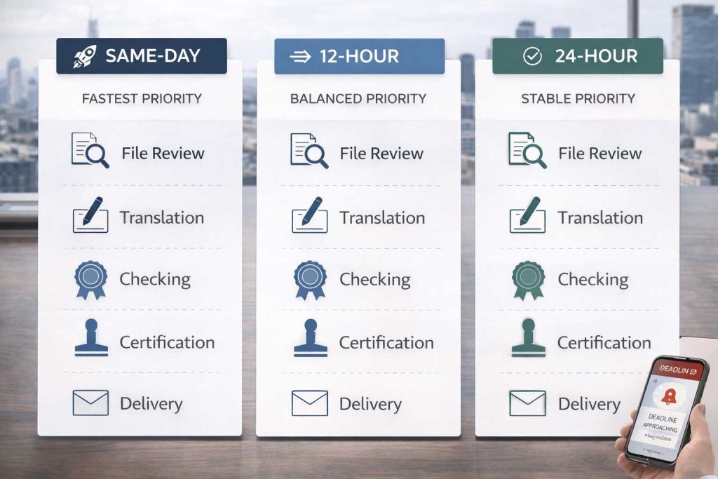 Comparison of same day, 12 hour, and 24 hour translation workflow stages