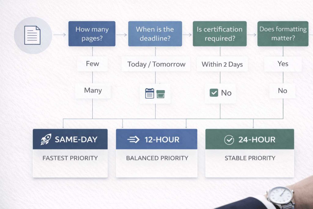 Decision flowchart for choosing same day, 12 hour, or 24 hour translation