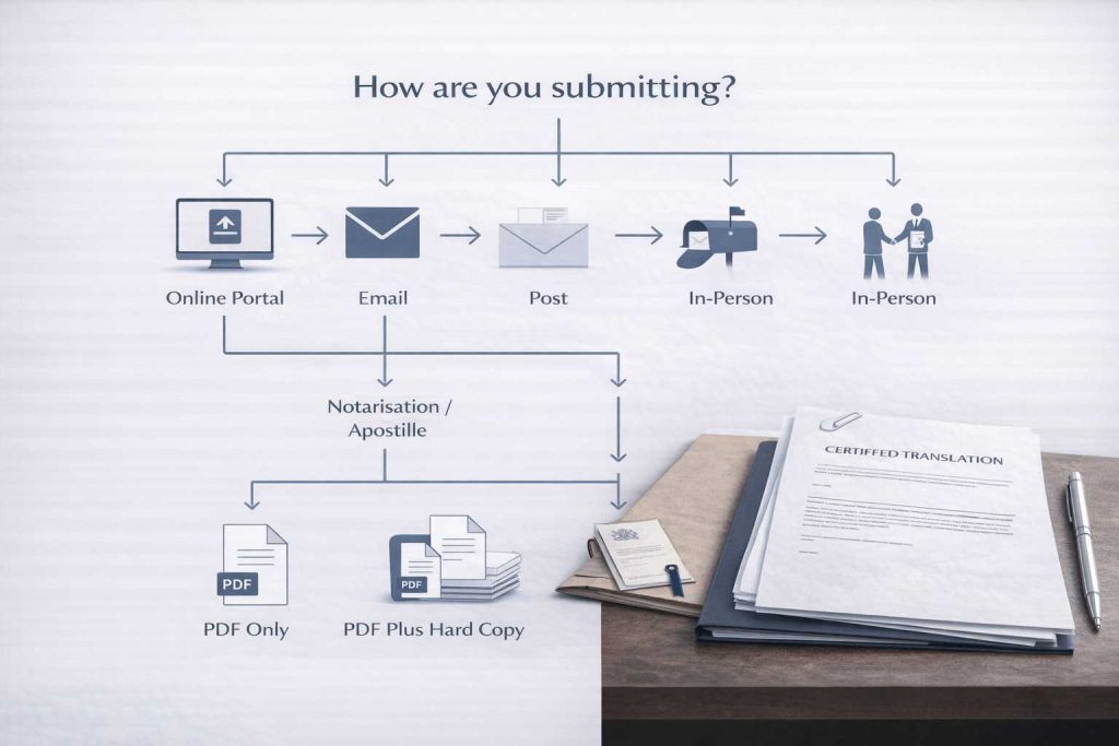Decision guide for choosing PDF, hard copy, or notarised translation based on submission method