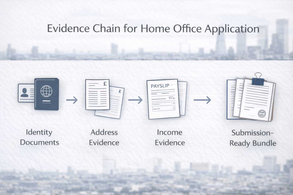 Evidence chain showing how address, income, and employer documents support a Home Office application