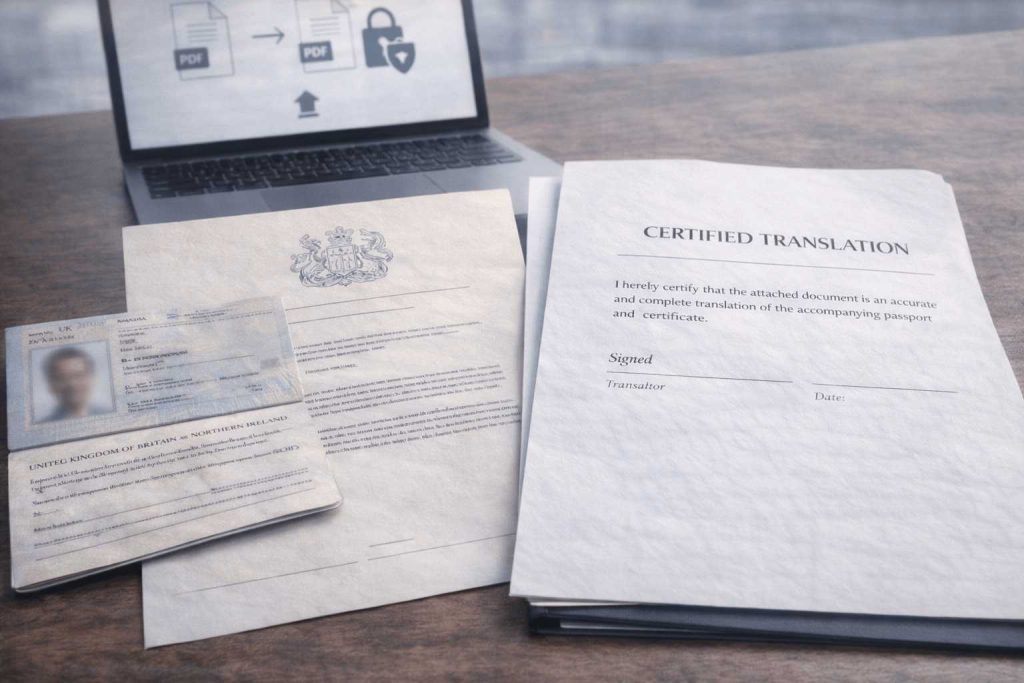 Example layout of a certified translation with source document and certification details