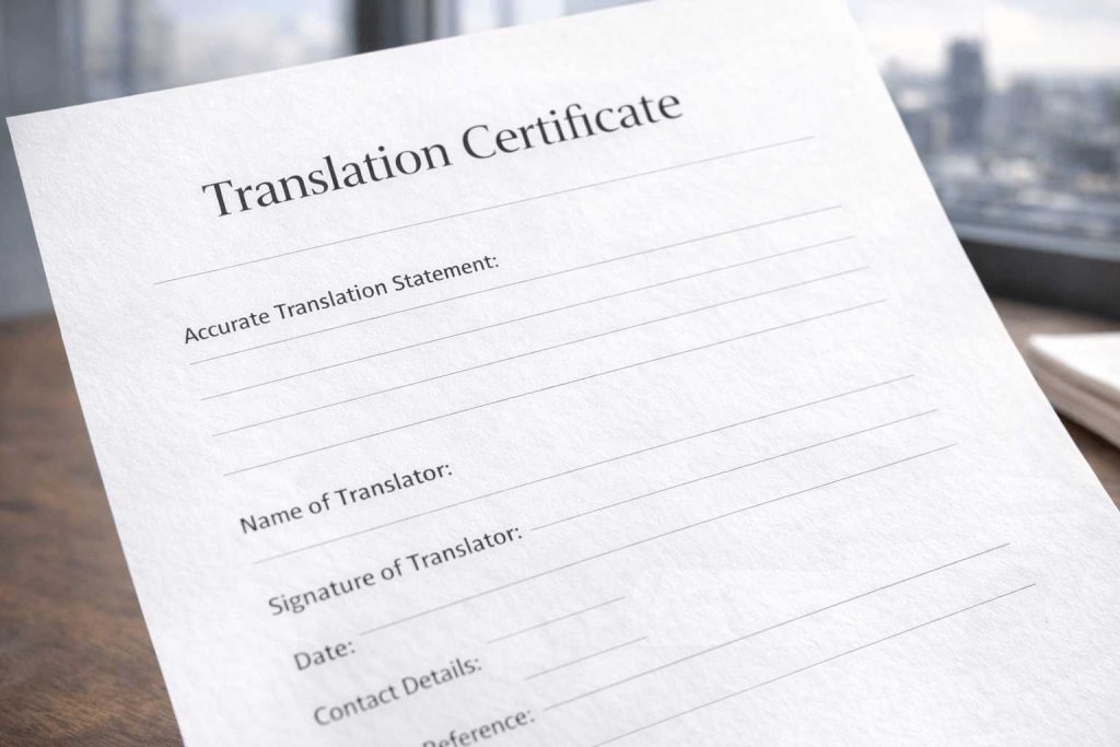 Example layout of certification wording on a translated document