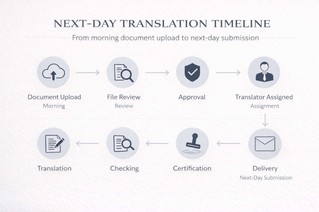 Example next day translation workflow from upload to certified delivery