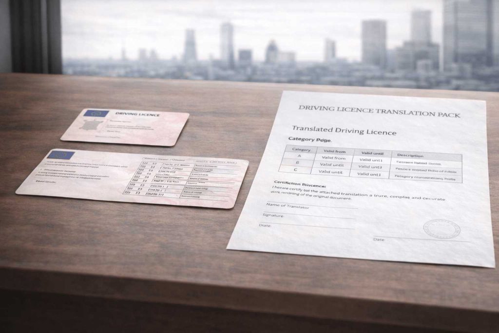 Foreign driving licence and certified English translation laid out with category table and official style formatting
