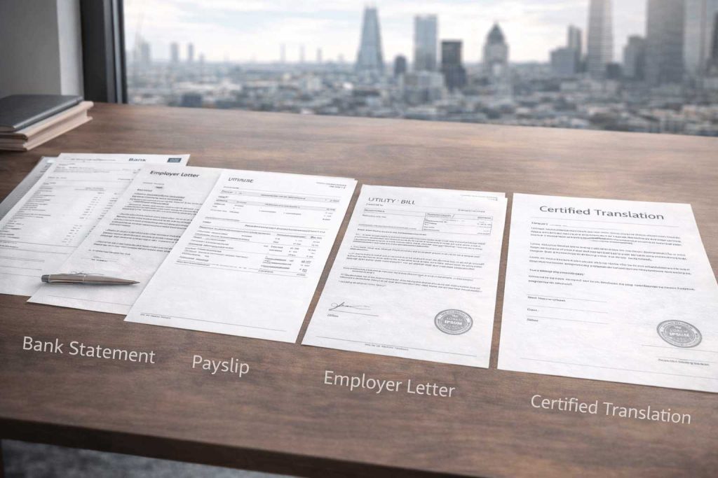 Home Office supporting documents with certified translations, including bank statement, payslip, proof of address, and employer letter