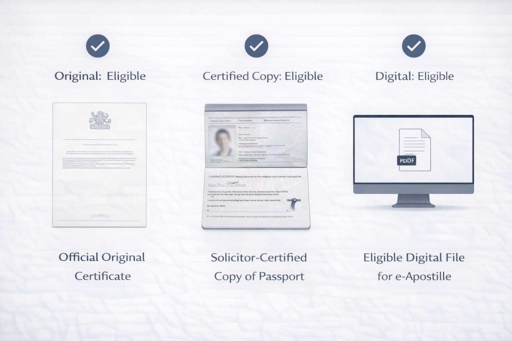 Original documents, certified copies, and e Apostille document paths