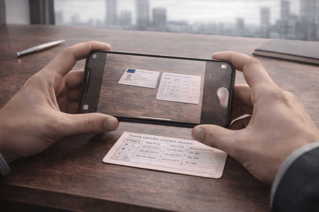 Properly photographing both sides of a laminated driving licence for translation submission