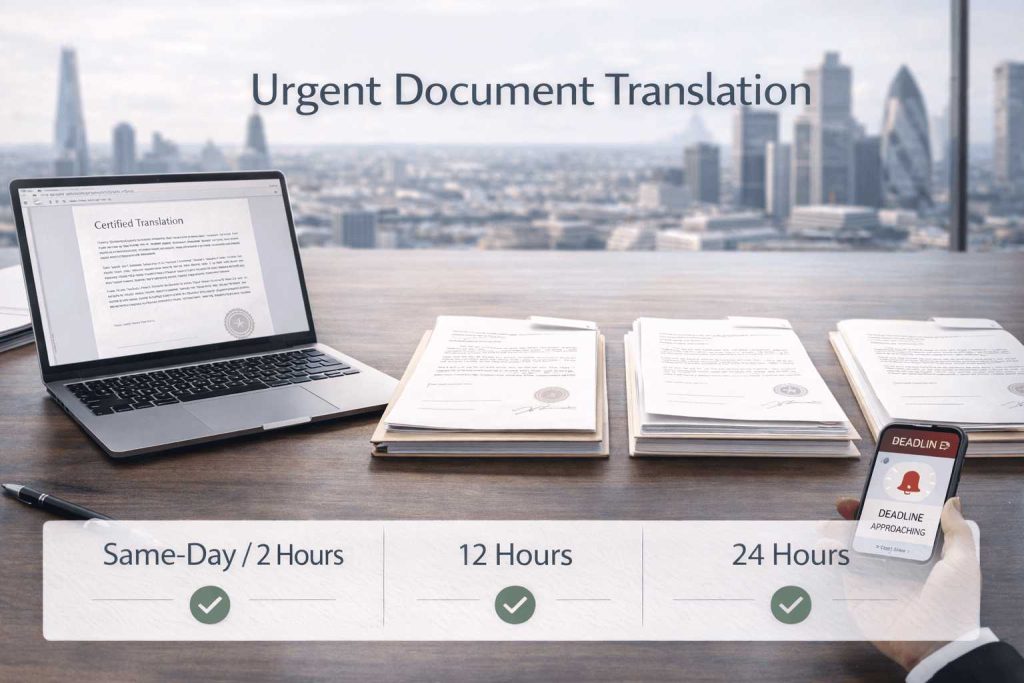 Same day, 12 hour, and 24 hour translation options displayed on a professional desk in London