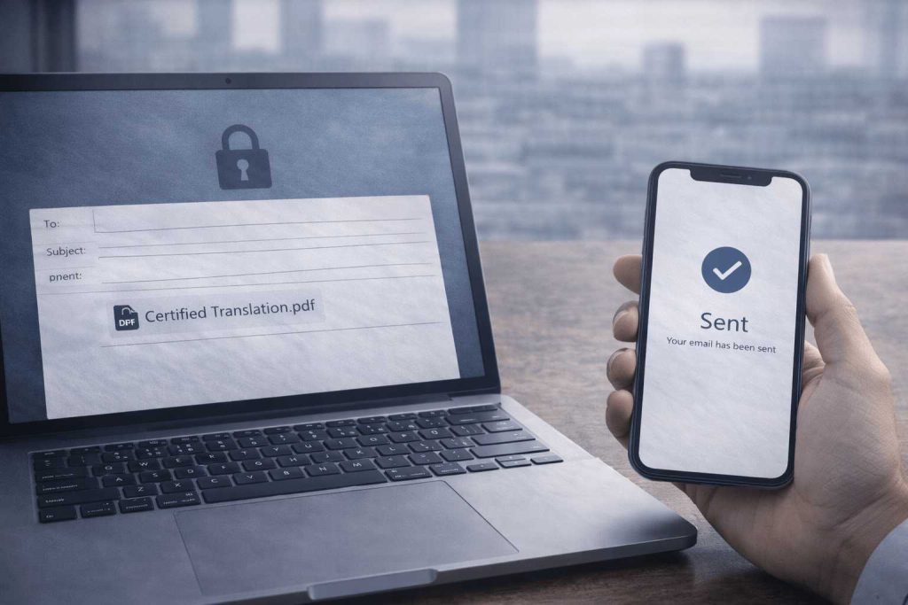 Secure email delivery of a certified translation PDF with encrypted file handling