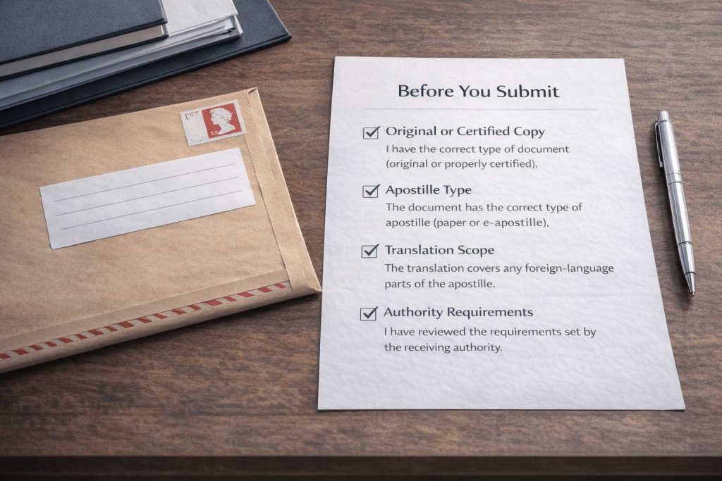 Submission checklist for apostille and translation projects