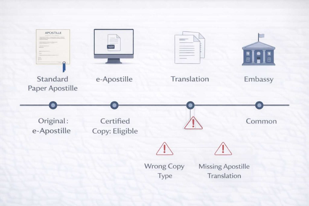 Timeline showing apostille, translation, and common delay points