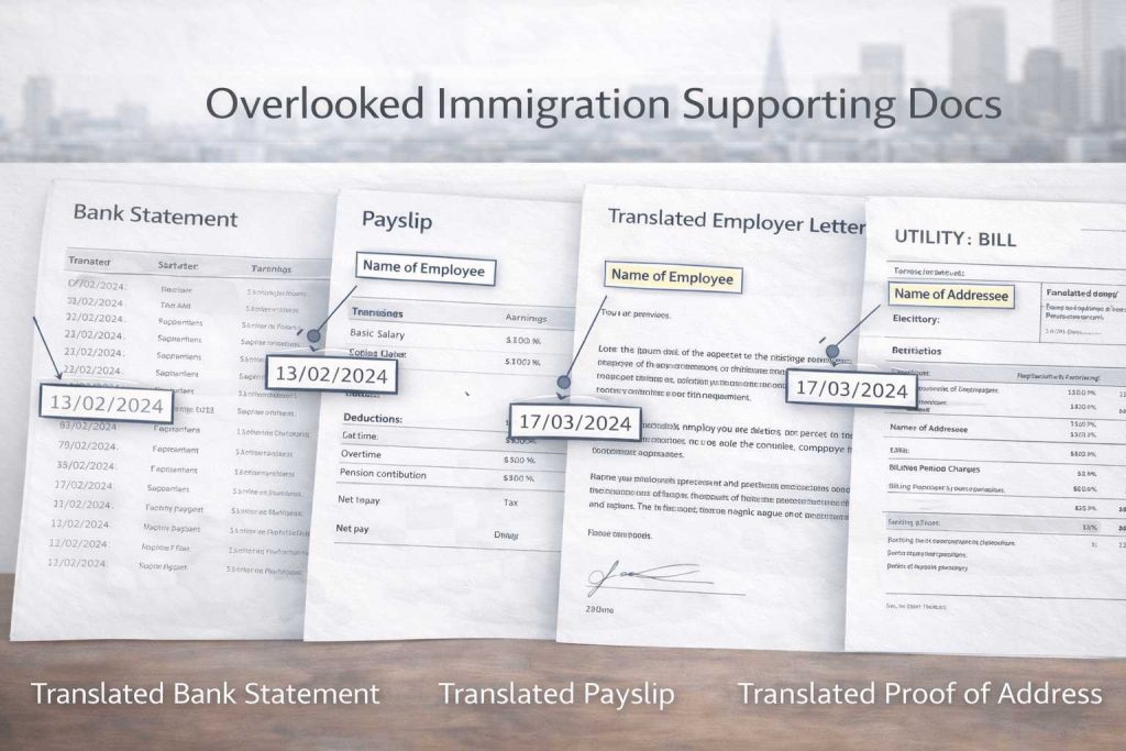 Translated bank statement, payslip, employer letter, and proof of address prepared for official submission