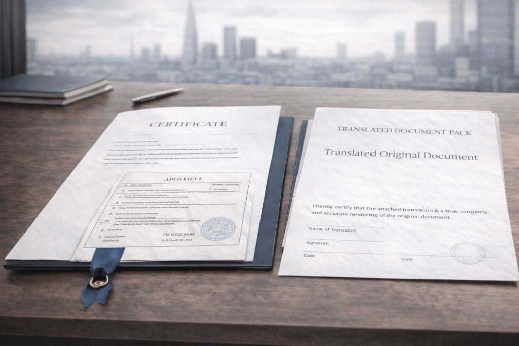 UK document with apostille and translated pack on a legal desk