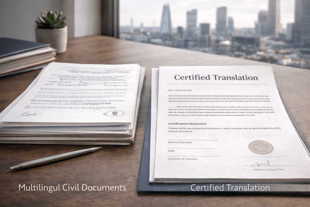 UKVI translation checklist desk scene with certified translated documents in London