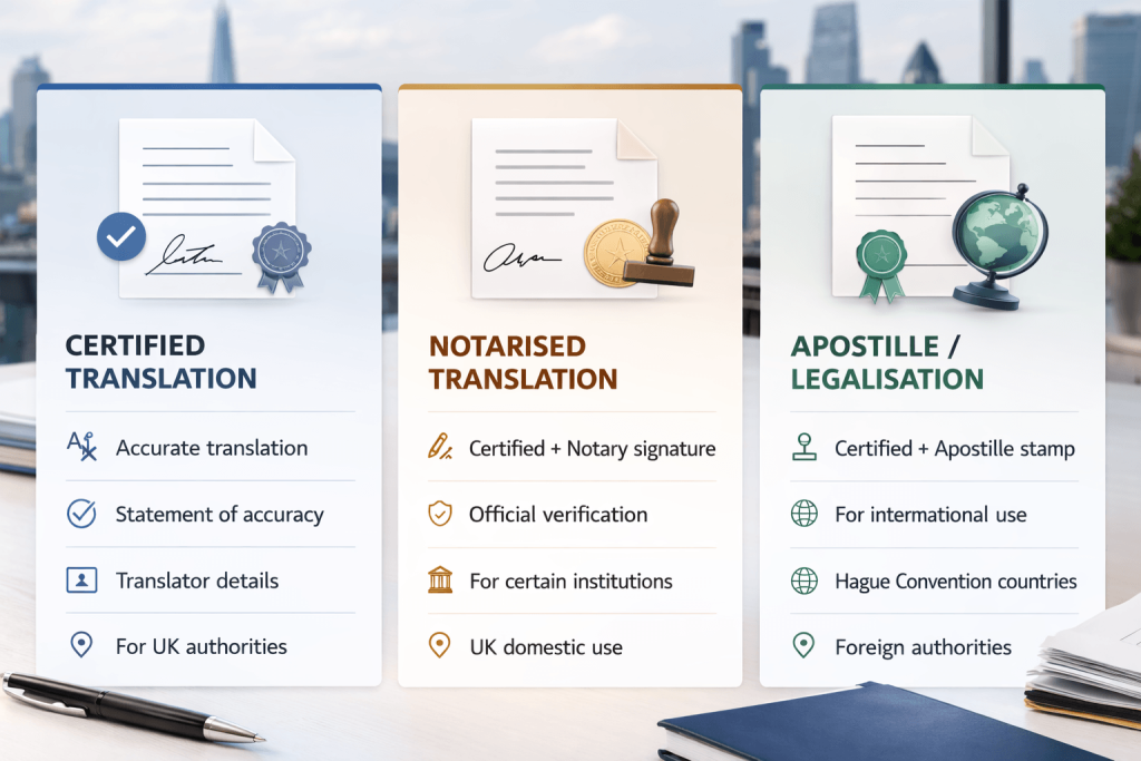 Visual comparison of certified, notarised, and apostilled document workflows