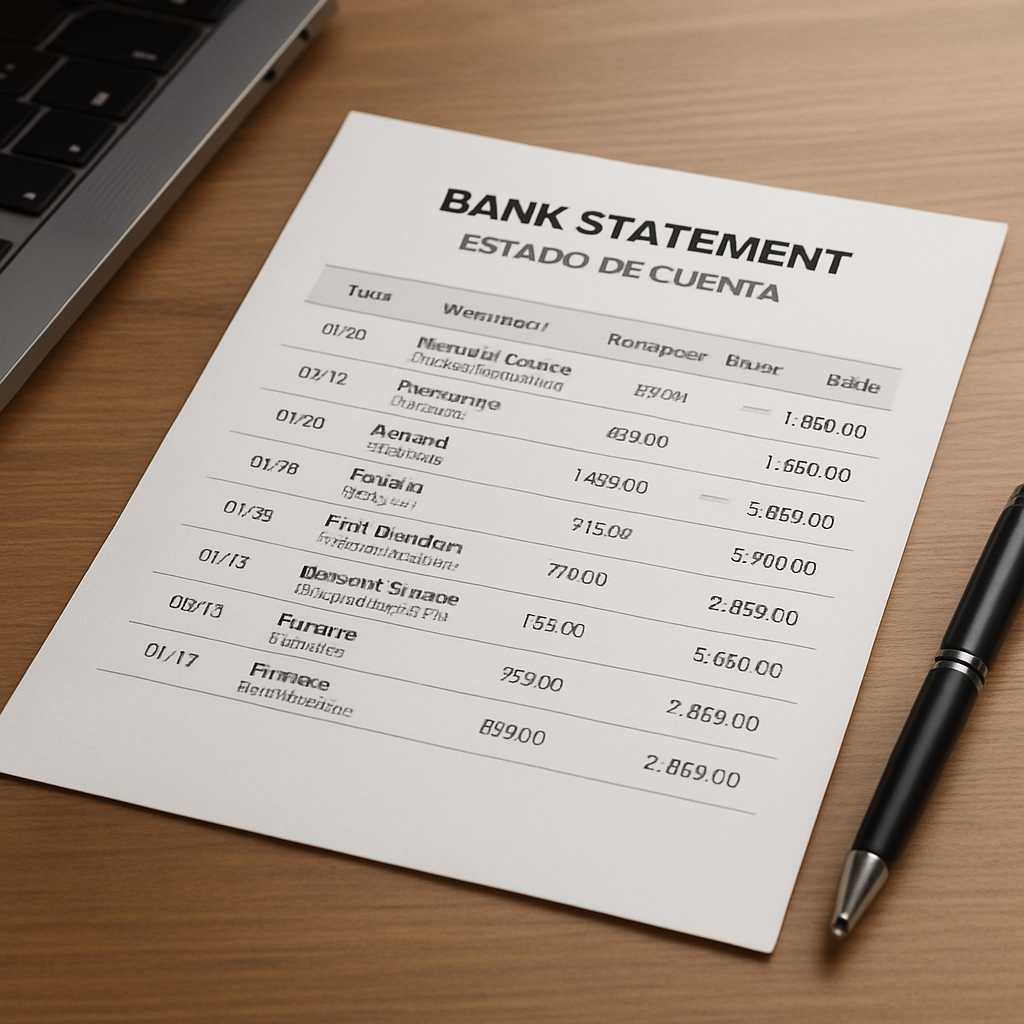 A premium editorial style image of a translated bank statement on a desk, showcasing a clean bilingu