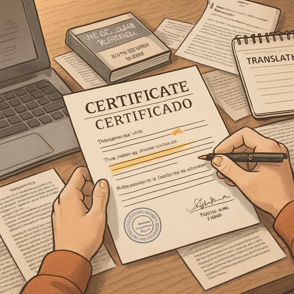 Create a detailed editorial style illustration of a bilingual document translation process, featurin
