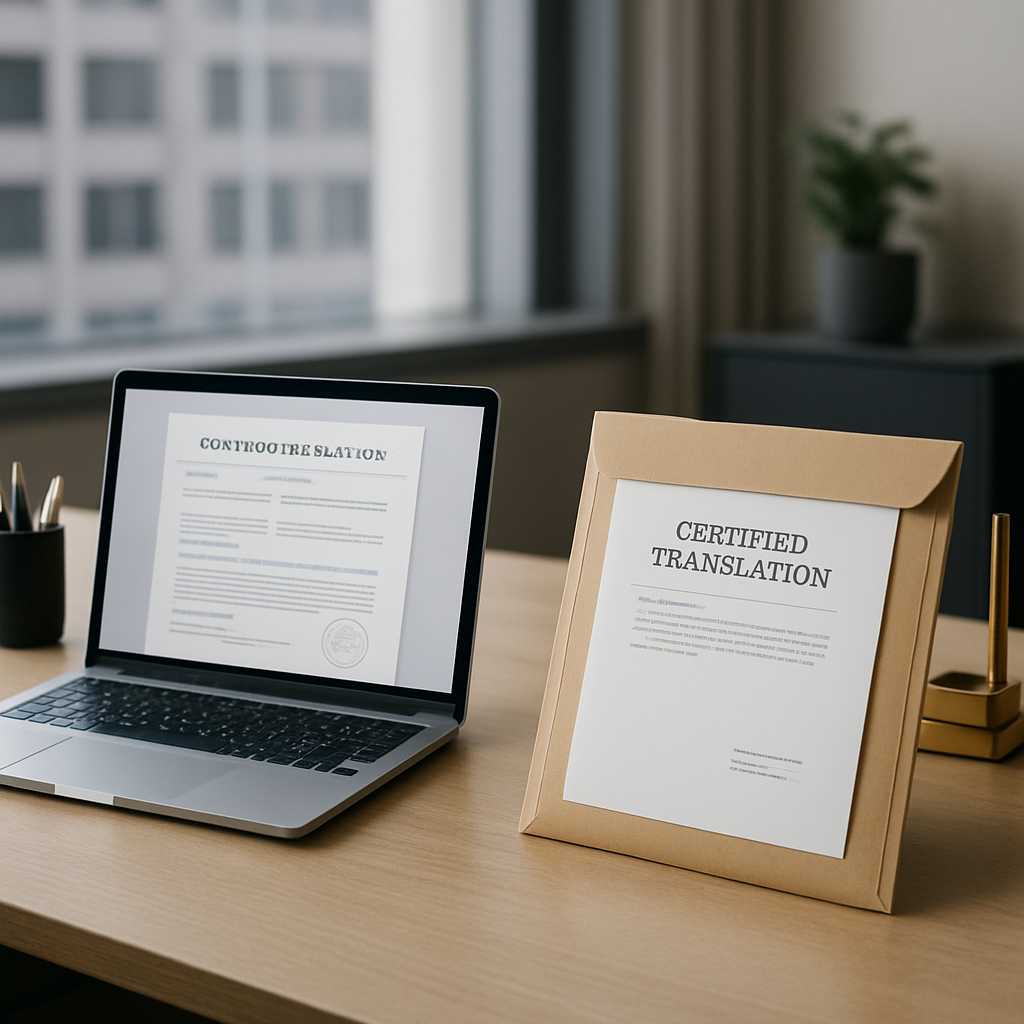 A professional London office scene featuring a side by side comparison of certified translation deli