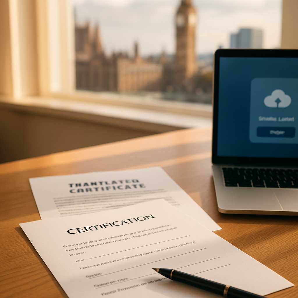 A professional editorial photograph of a London office desk featuring a neatly arranged set of certi