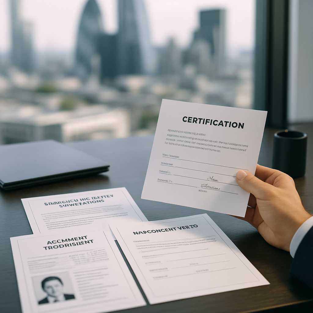Create a premium editorial style office scene depicting a London HR desk reviewing a certified emplo