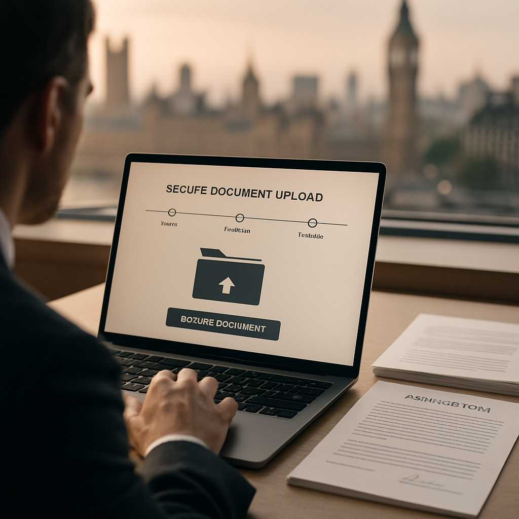 A premium editorial photograph showcasing the certified translation process in London, featuring a c
