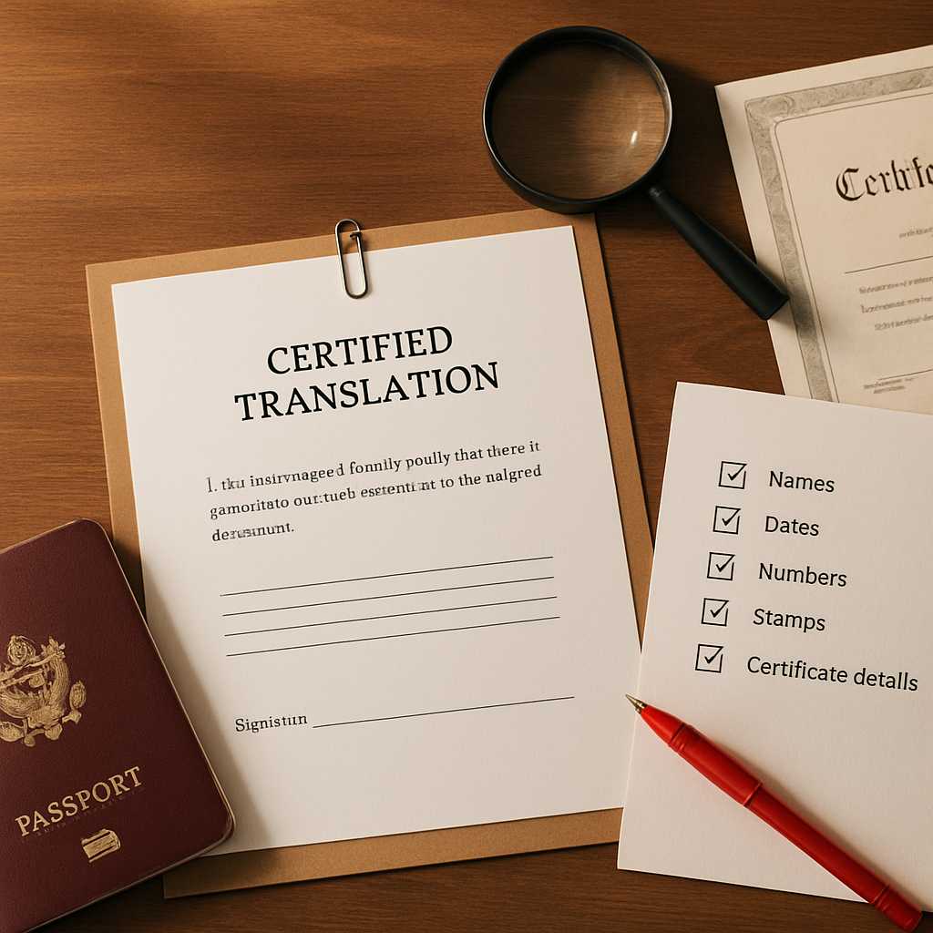 A detailed overhead shot of a professional workspace featuring a certified translation document alon