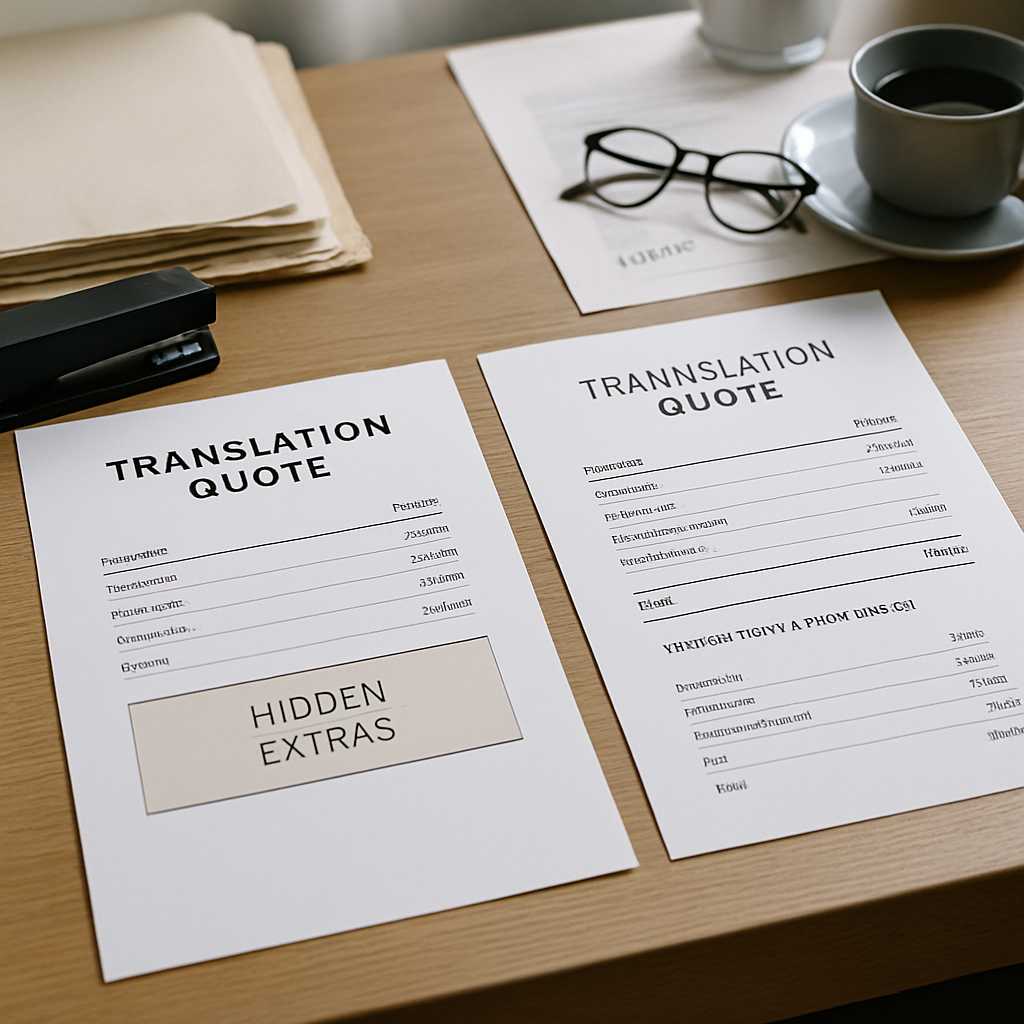 A premium editorial style desk scene in London showcasing two printed translation quotes side by sid