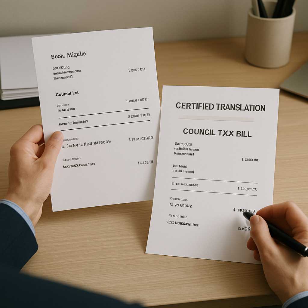 A professional editorial photograph of a council letter translation process, featuring a translator