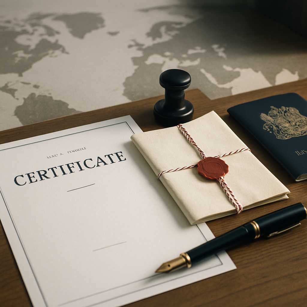 Create a premium 16:9 editorial style hero image for a legal translation article about international