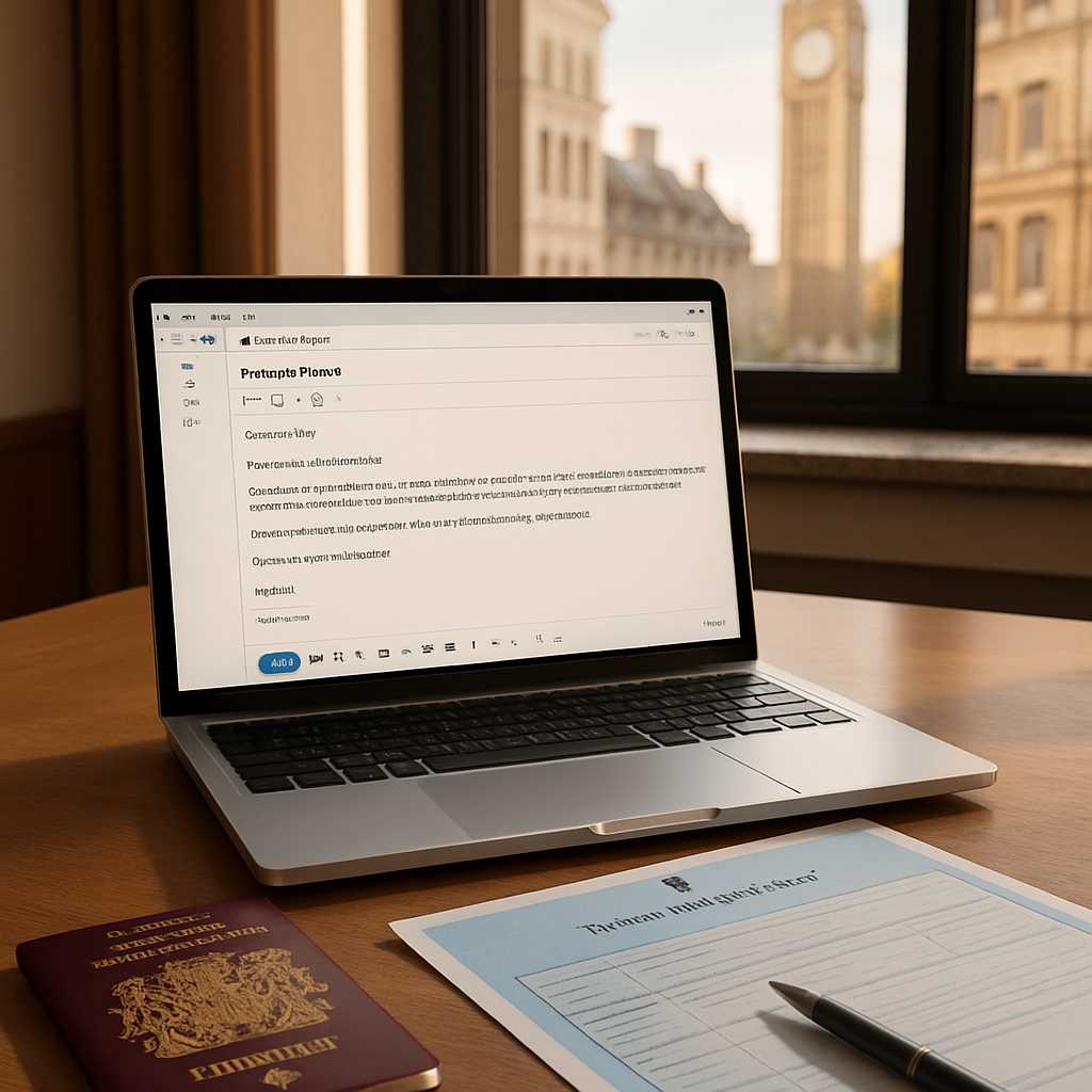 Create a photorealistic image of a professional office desk in London, featuring an open laptop disp