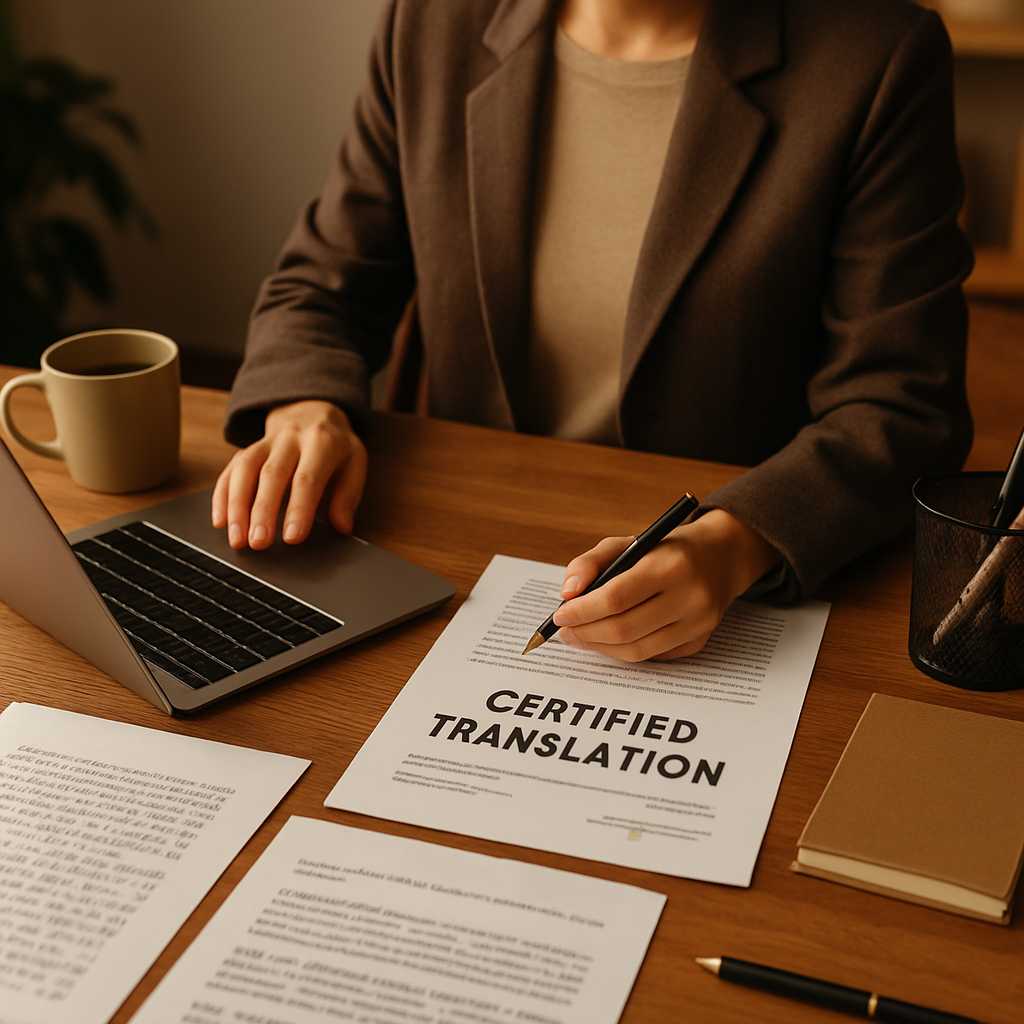 A professional editorial photograph showing a certified translation service in action. Capture a tra