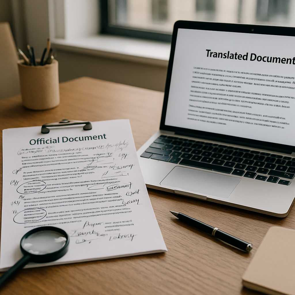 Create a detailed editorial photograph of a professional translator's desk in a London office, showc