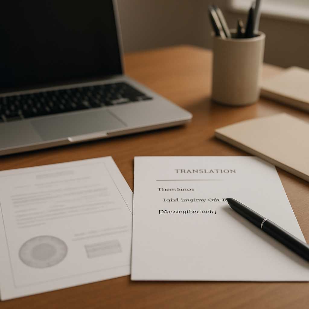 Create a premium editorial style image depicting a certified translator's workspace in London. The s