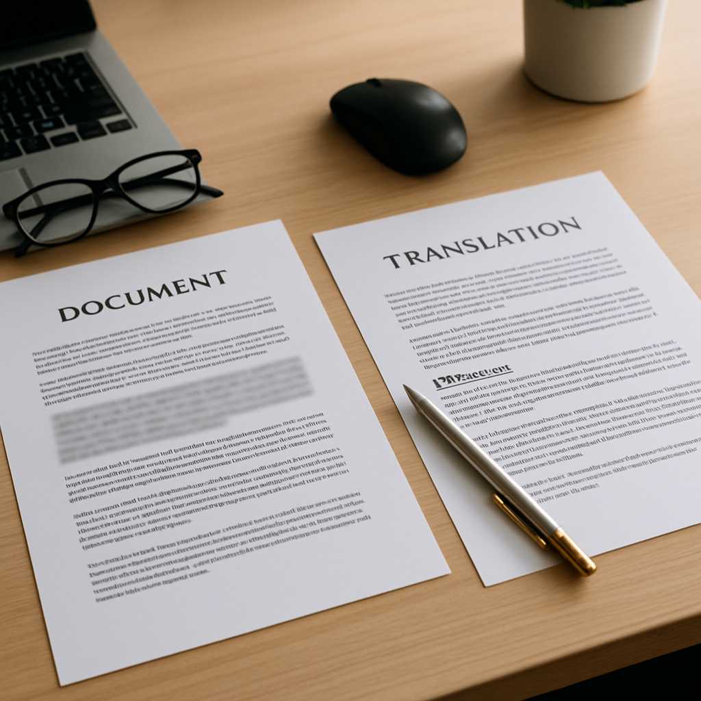 A professional translation workspace featuring an official document with a blurred section highlight