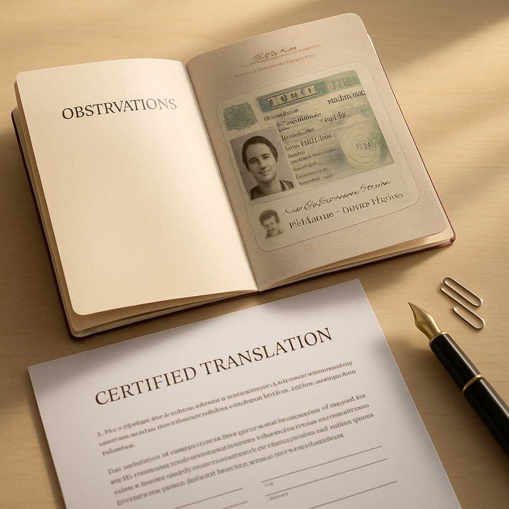 Create a detailed editorial image showing an open UK passport on a clean office desk, highlighting t