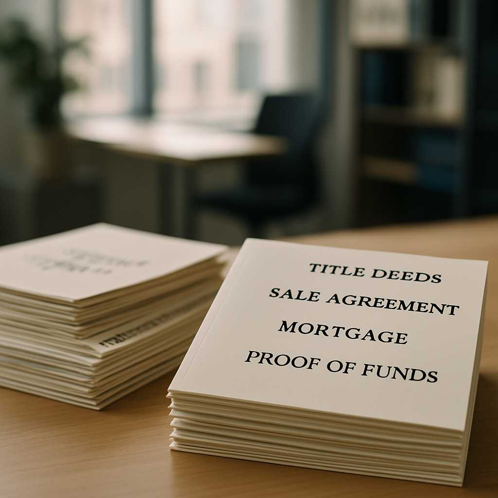 A professional editorial photograph of a property purchase scenario in a London office, showcasing a