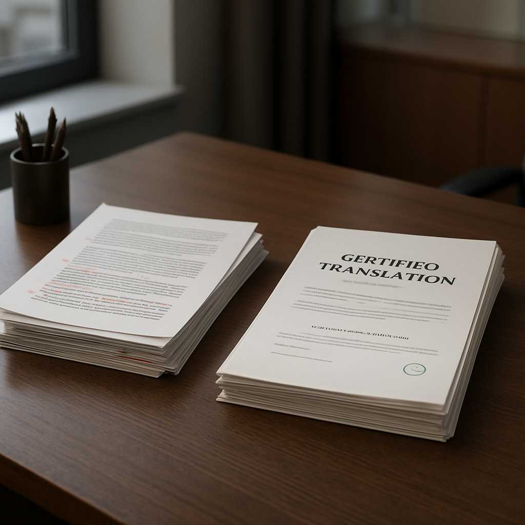 A professional editorial photograph of a translation office desk in London, featuring two document p