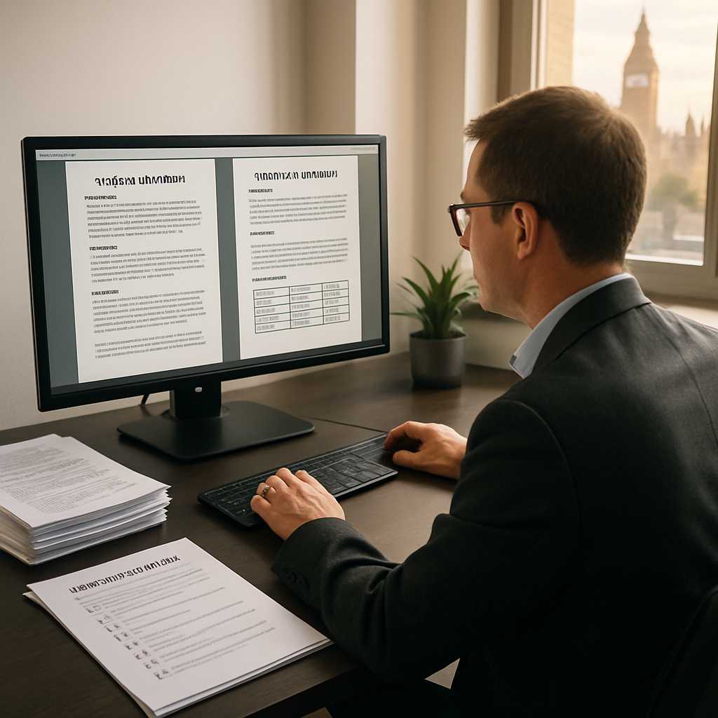Create a photorealistic image of a professional translator working at a modern desk in a London offi