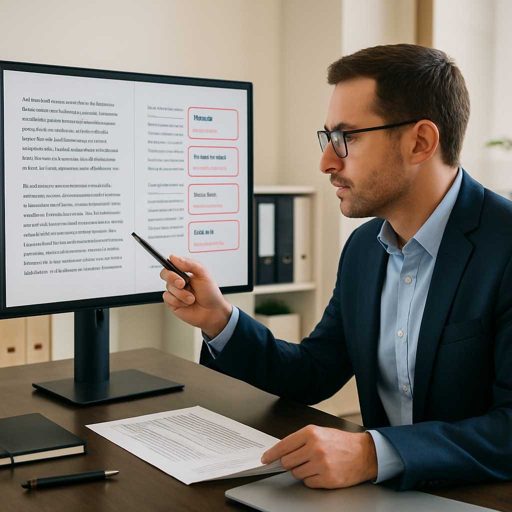 A professional editorial photograph of a project manager in a modern office setting, intently review