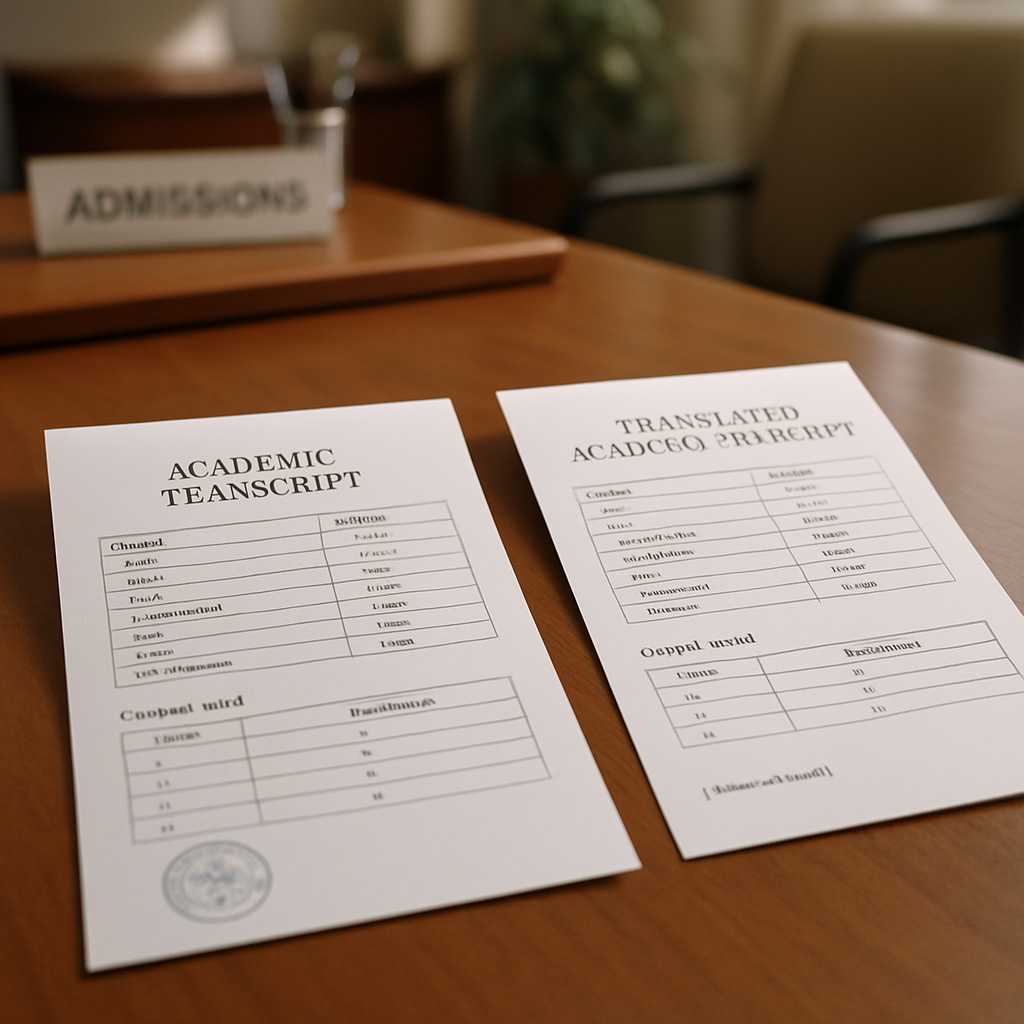 An editorial style image depicting a university admissions desk with a translated academic transcrip