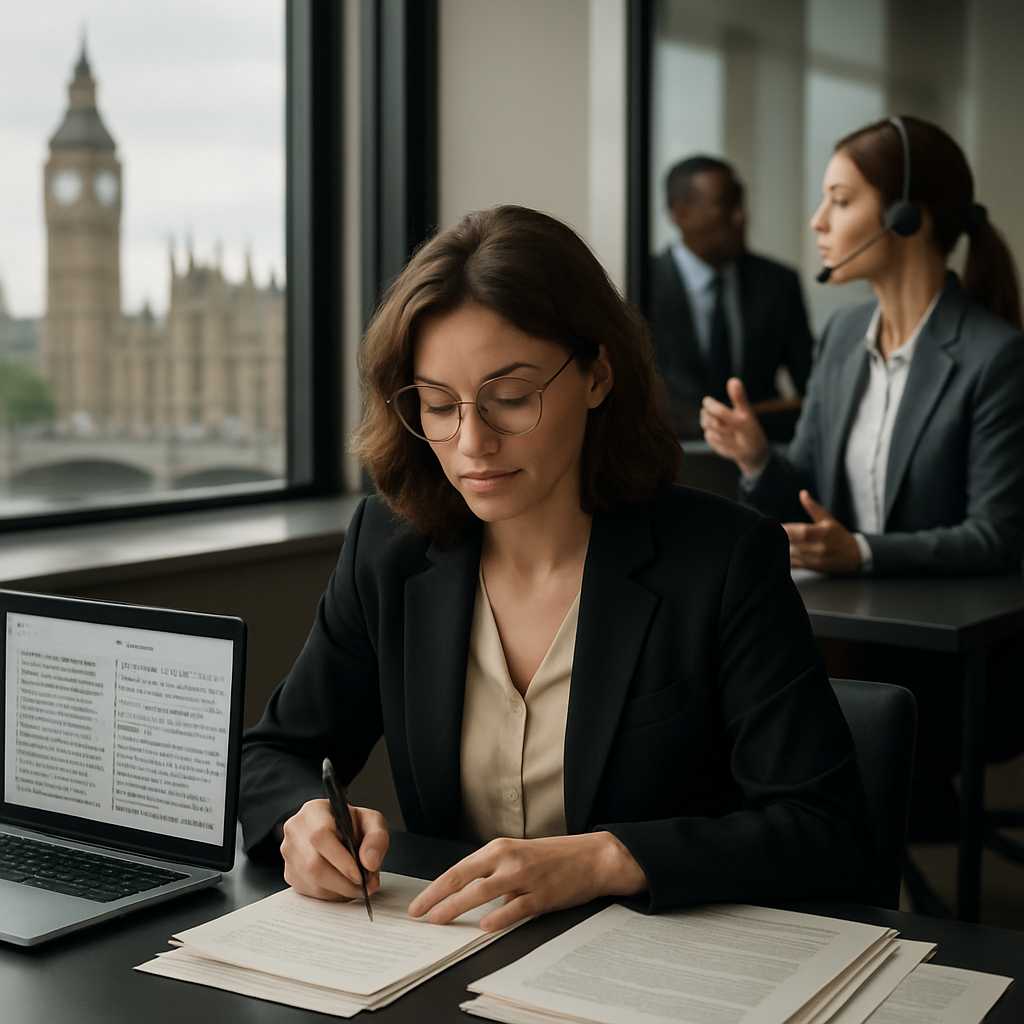A detailed editorial photograph showcasing a professional translator at a sleek desk in London, surr