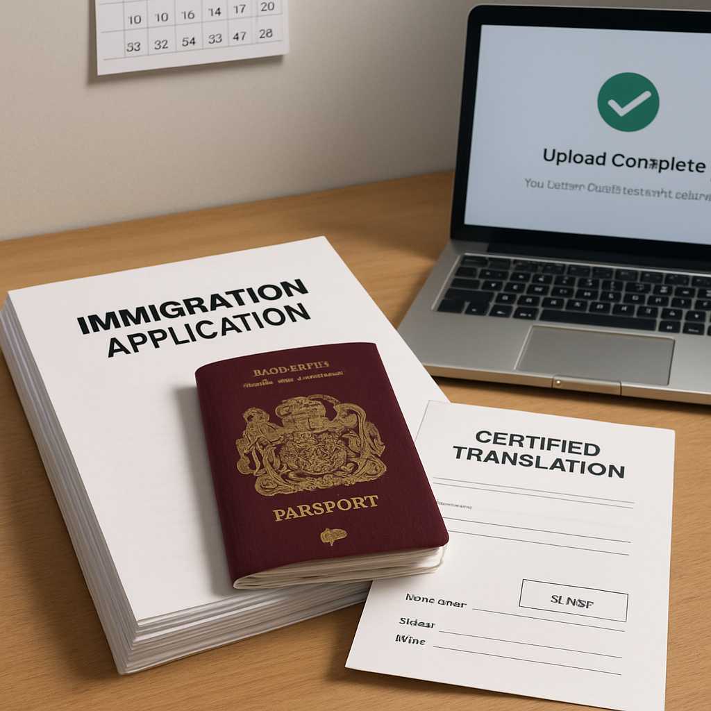 A detailed editorial photograph of an immigration application desk scene in London, featuring a neat