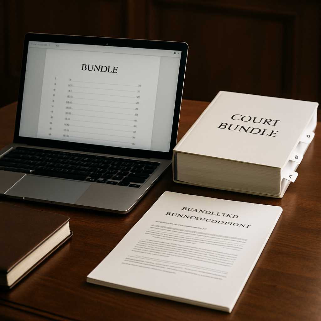 A professional legal office scene featuring a London solicitor's desk, neatly organized with a court